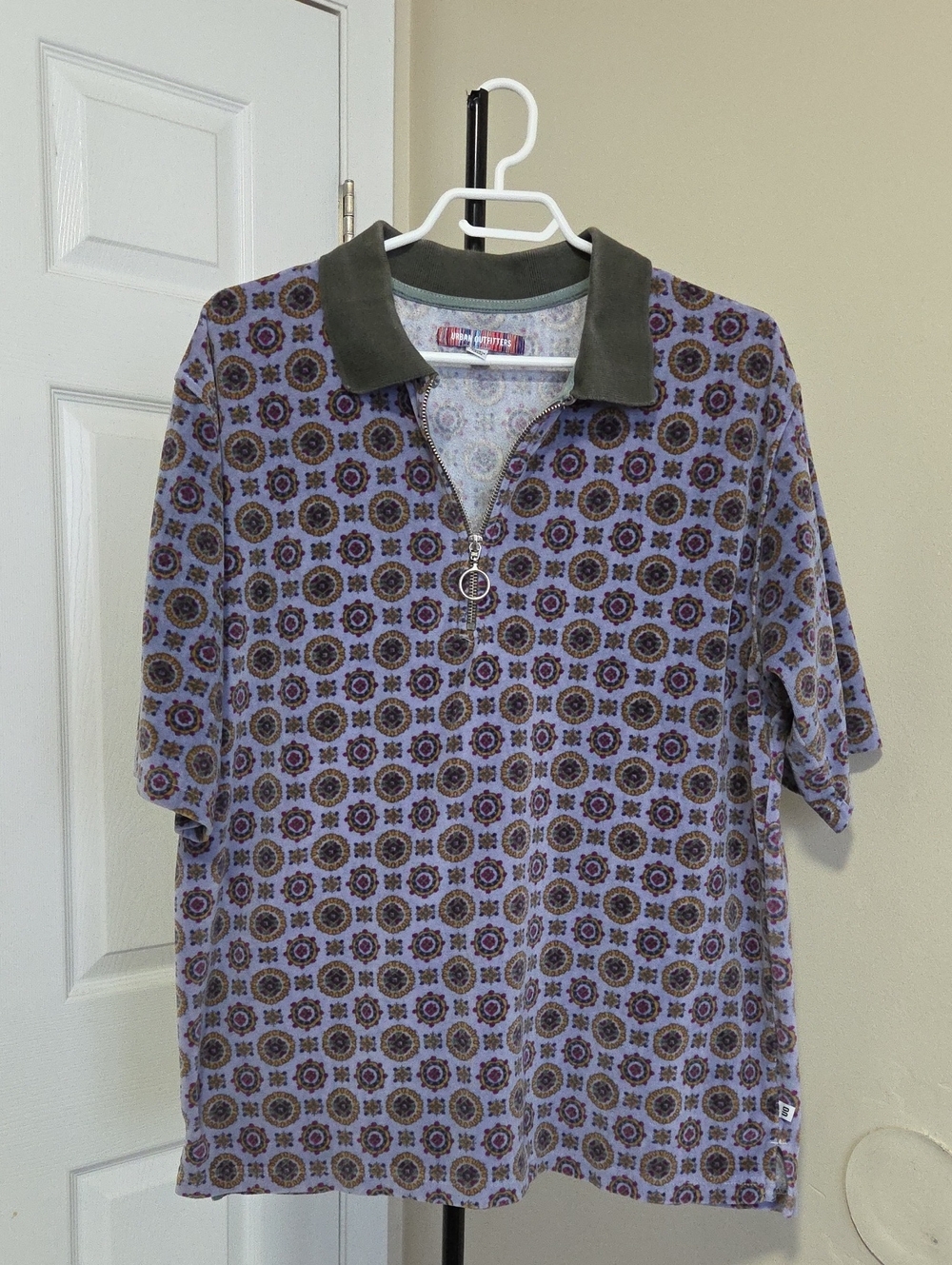 Urban Outfitters Lavender Polo with Olive Collar and Ring-Zip